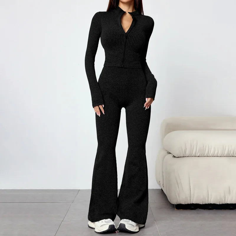 European And American Yoga Wear Set For Autumn And Winter Zipper Long-sleeved Sports Jacket Women's Fitness Yoga Flared Trousers