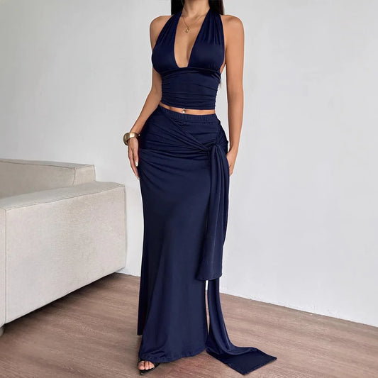 Sexy Satin Wrap around Waist Top with Long Skirt AD329 Summer New Style Crossbody Strap Design Bodycon Dress for Women