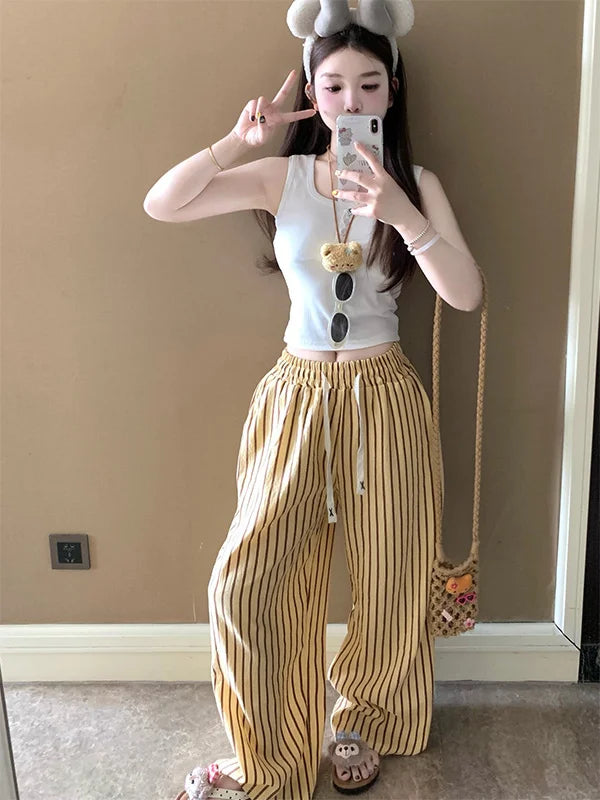 Comfortable Cloud Cotton Sleep Pants Women's Long Pants Striped Outerwear Home Clothes Spring Summer New Style Yellow Stripes