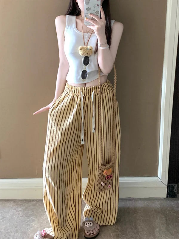 Comfortable Cloud Cotton Sleep Pants Women's Long Pants Striped Outerwear Home Clothes Spring Summer New Style Yellow Stripes