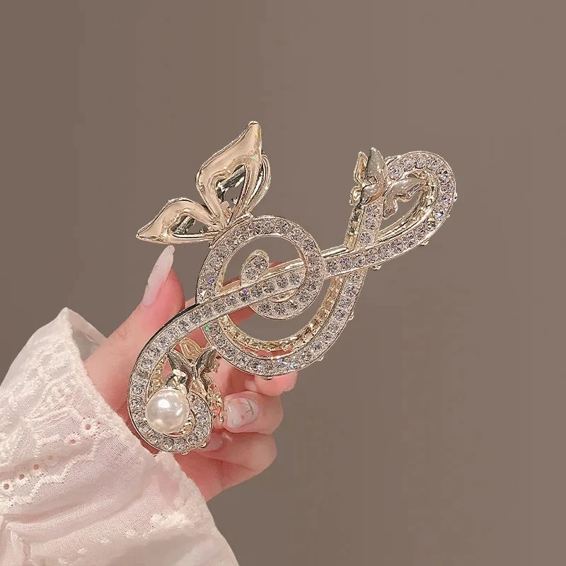 Vintage Elegant Rhinestone Pearl Note Hair Clip Luxury Clef Shape Shark Clip Women Metal Ponytail Hair Accessory Tiara New