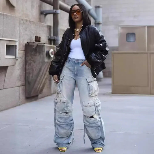 Washed Cargo Pants Women Hole Distressed Jeans Vintage Pockets Mid Waist Trousers 2024 Autumn Female Casual Denims Streetwear