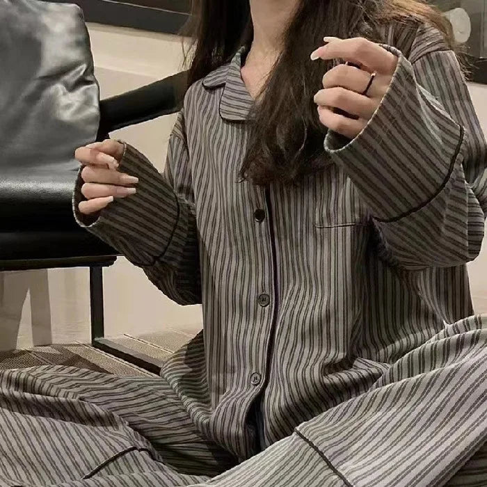 Pajamas for Women in Autumn and Winter Long Sleeved Striped Thin Design Can Be Worn Externally Student Sleepwear Two Piece Set