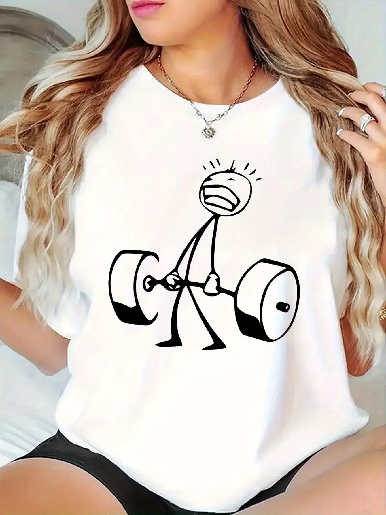 T-Shirt - White Graphic Print Tee with Dumbbell Design for Gym & Casual Wear Summer Short Sleeved Harajuku Streetwear Tops Tees