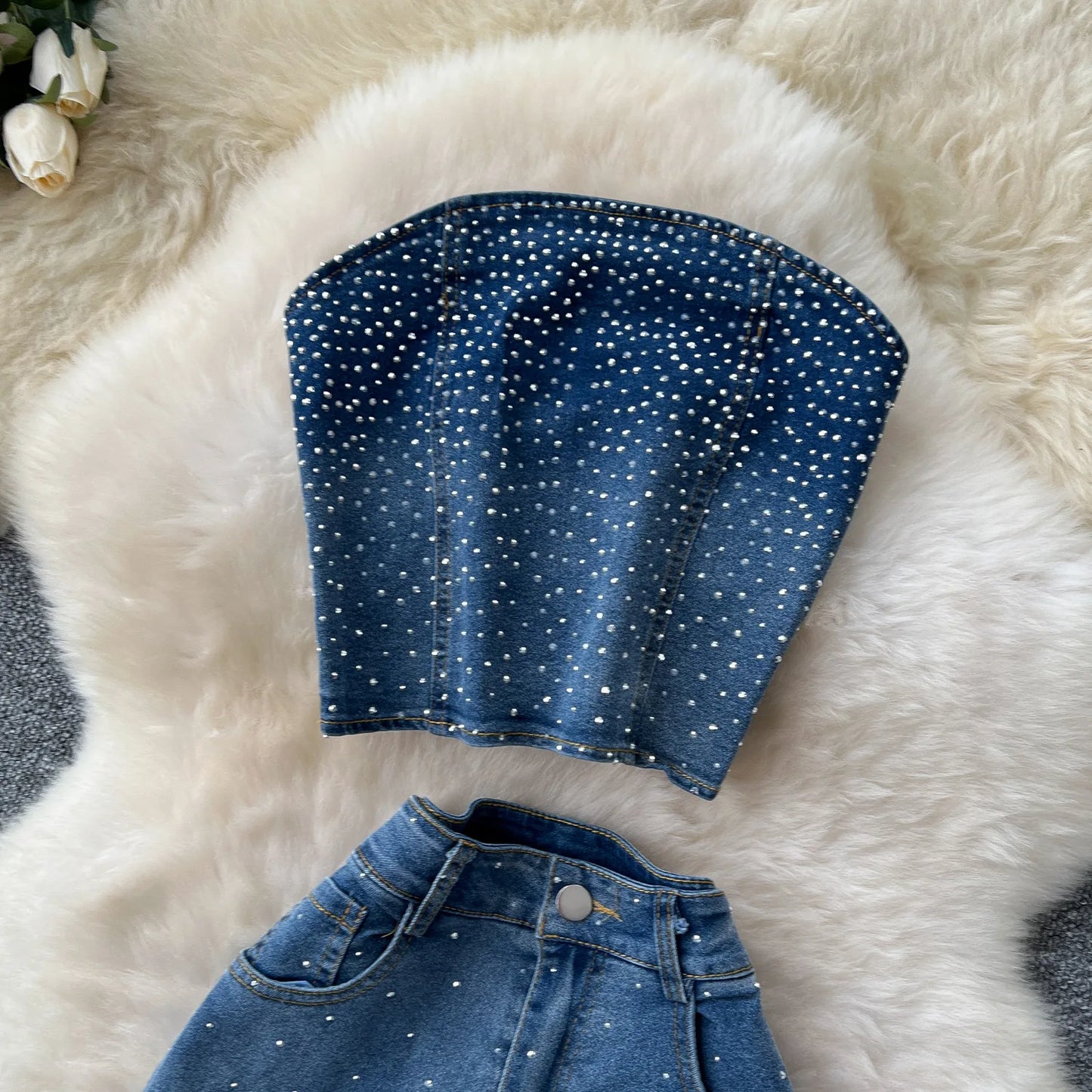Pant Set Women Denim Two Piece Sets Sexy Matching Sets Sleeveless Short Y2k Tops Long Flare Pants High Waist Slim Hot Diamond