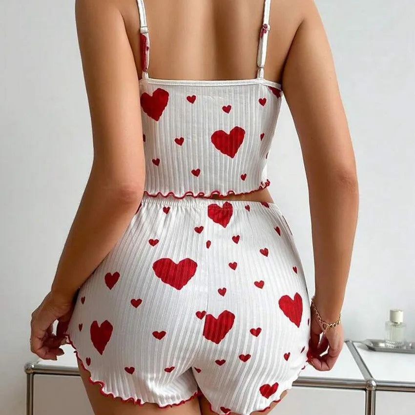 2 Pcs Women's Pajamas Set,Casual Sleepwear Printed Shorts Tank Tops And Shorts White Ventilate Soft Casual Love Printing Suits