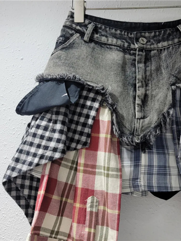 DEAT Fashion Women's Plaid Skirt Denim Spliced Tassel Irregular Hem A-line Patchwork Slim Skirts Summer 2024 New Tide 29L7797