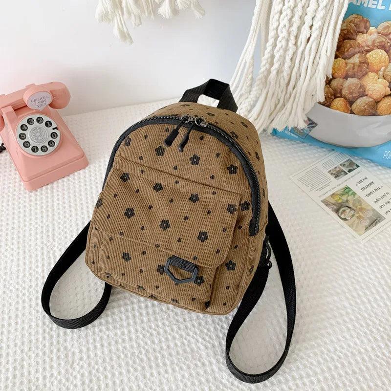 Cute Small Flowers Corduroy Mini Backpack Women's Lightweight Backpacks Large Capacity Travel Rucksack Student School Baskpack