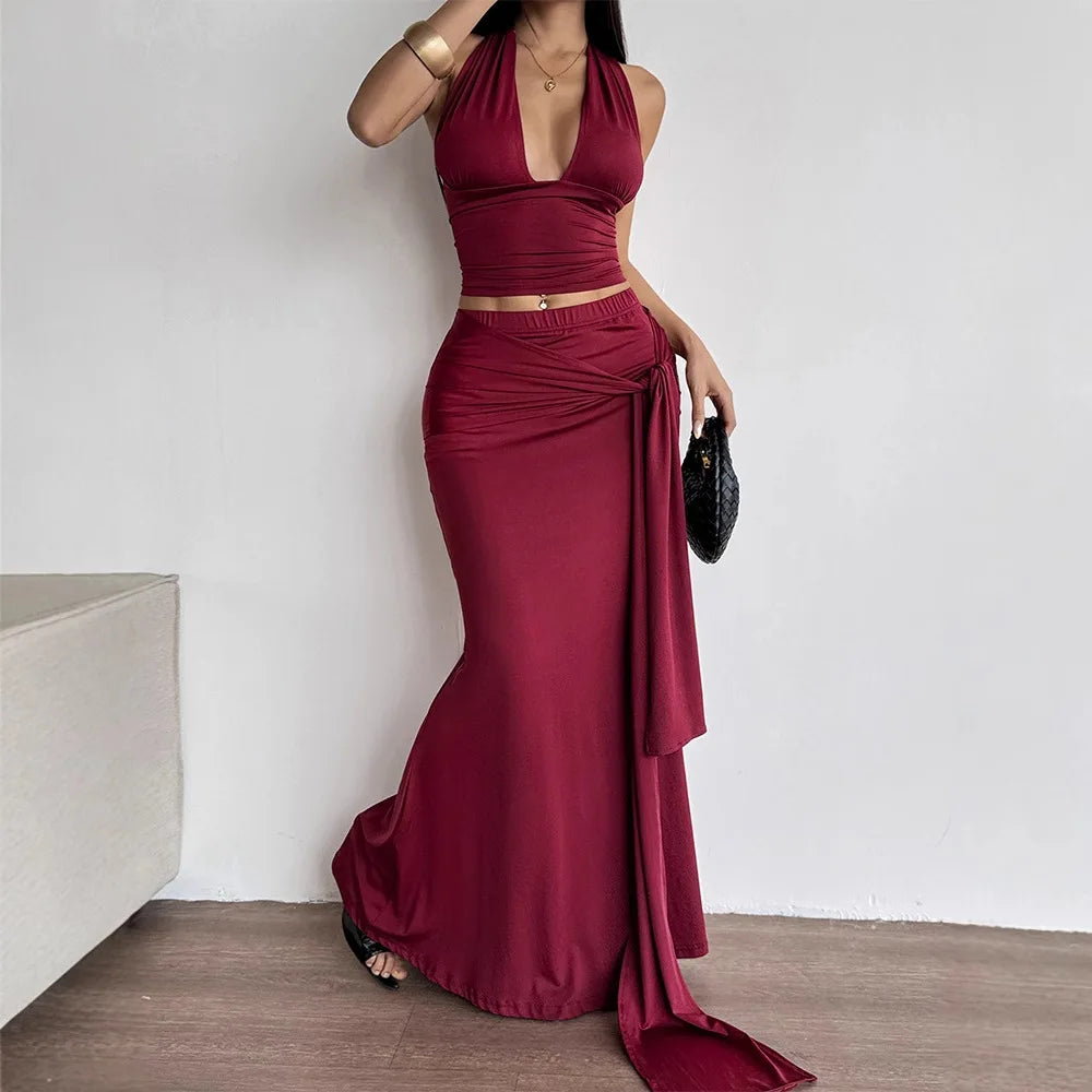 Sexy Satin Wrap around Waist Top with Long Skirt AD329 Summer New Style Crossbody Strap Design Bodycon Dress for Women