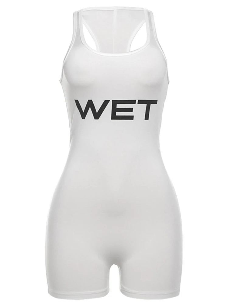Summer 2025 Women's Sexy Sport Romper White Sleeveless Playsuit Letter Print Subtranslucent Slim Fit Raceback Design
