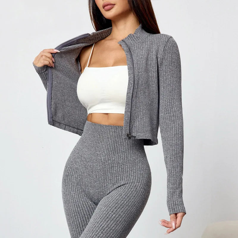 European And American Yoga Wear Set For Autumn And Winter Zipper Long-sleeved Sports Jacket Women's Fitness Yoga Flared Trousers
