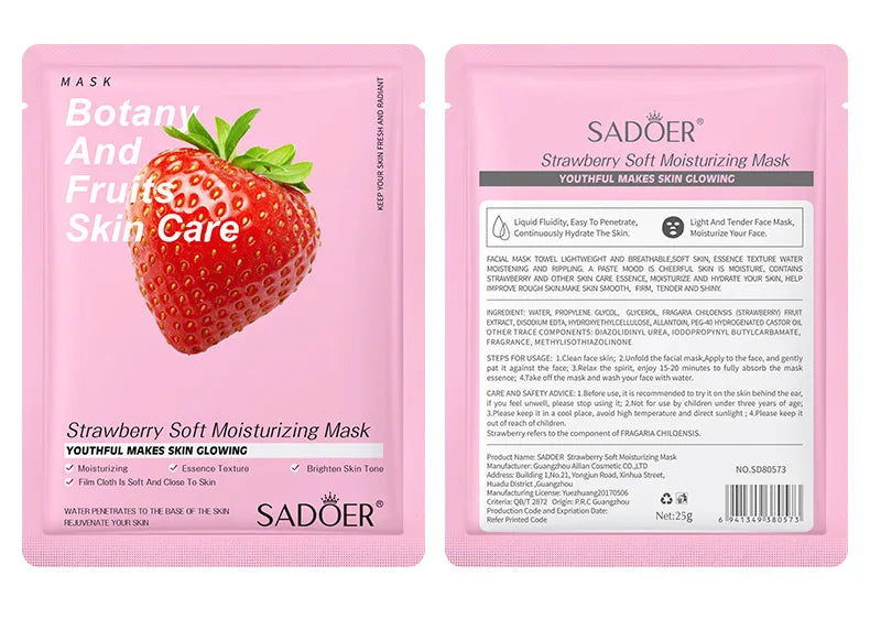 8pcs SADOER Fruits Face Mask Beauty Facial skincare Masks Moisturizing Firming Hydrating Facial Mask Face Care Korean Cosmetics