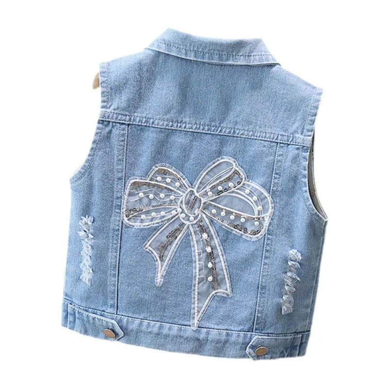 Children's Vest Spring and Autumn New Bow Crown Flower Print Flip Collar Vest Sweet and Cute Fashion Versatile Coat