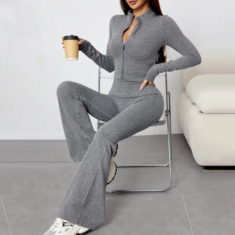 European And American Yoga Wear Set For Autumn And Winter Zipper Long-sleeved Sports Jacket Women's Fitness Yoga Flared Trousers