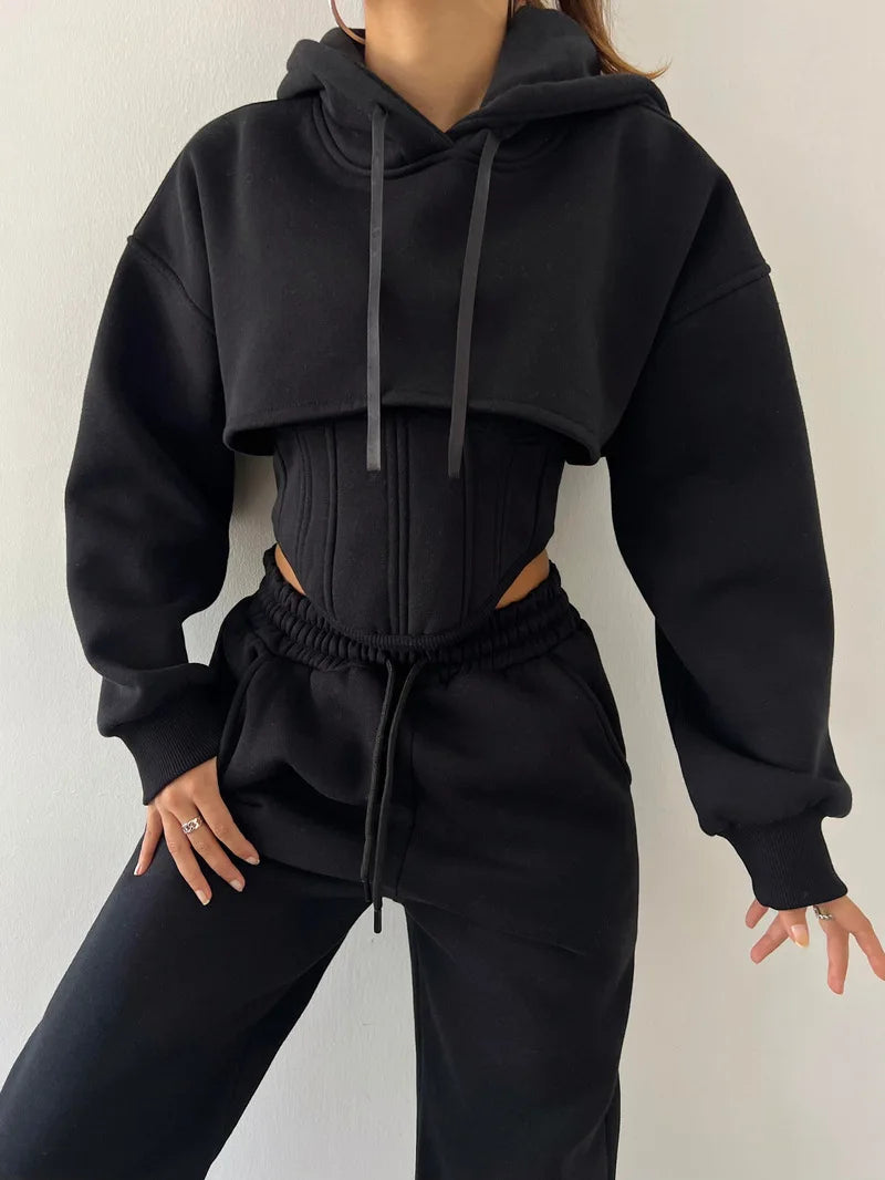 Women's Casual Sweatpants Set Belted Hooded Short Hoodie Corset Three-Piece Autumn Winter Comfortable Polyester plus Size