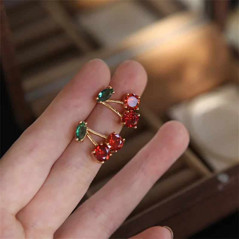 LATS Red Zircon Cherry Leaf Stud Earrings for Women Fashion Crystal Dangle Party Prom Birthday Wedding Gifts Jewelry Accessories