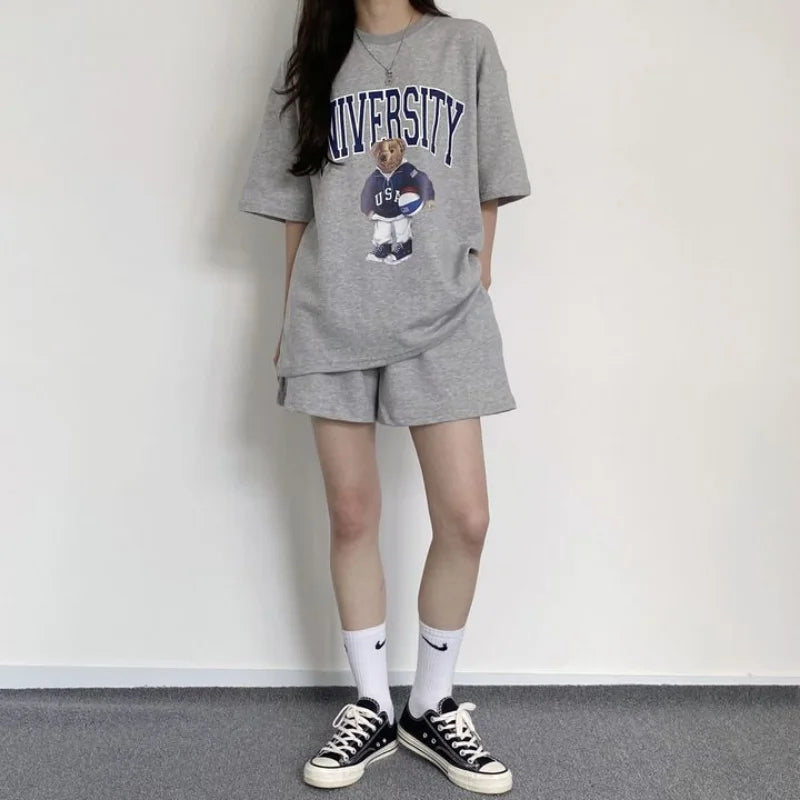 Summer Cotton Bear Print Short Sets 2025 New Casual Loose Two Pieces Short Sleeve T Shirt and High Waist Short Pants Suits Women