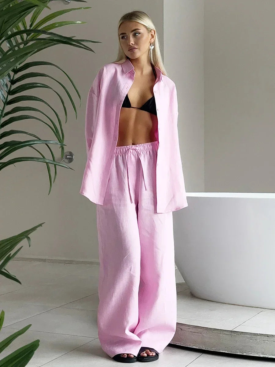 New Solid Casual Cotton Linen Shirt Sets Chic Button Down Blouse Drawstring Wide Leg Trousers Suit Women's Summer Vacation Wear