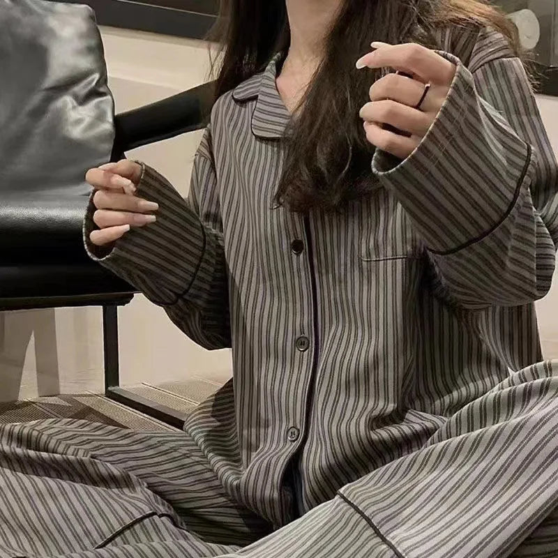 Pajamas for Women in Autumn and Winter Long Sleeved Striped Thin Design Can Be Worn Externally Student Sleepwear Two Piece Set