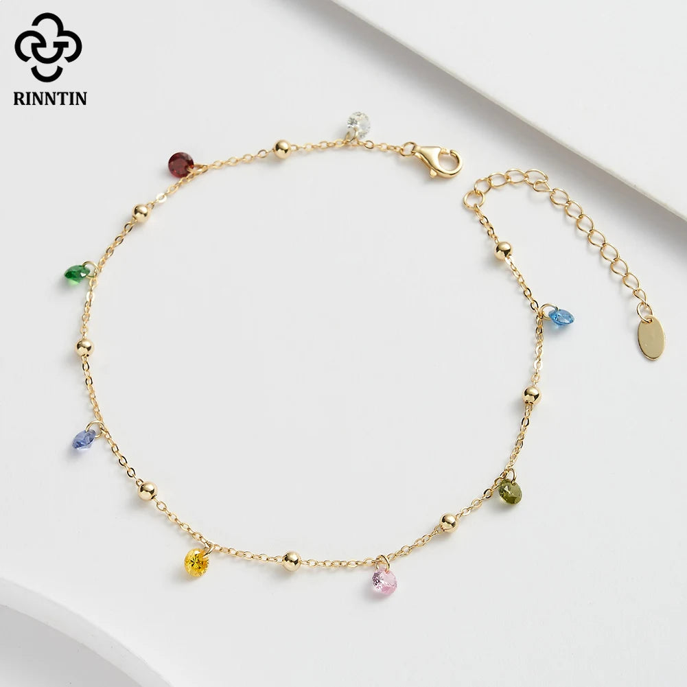 Rinntin Genuine 925 Sterling Silver Chain Anklets with Colorful Cubic Zirconia for Women Fashion Ankle Bracelets Jewelry SA93