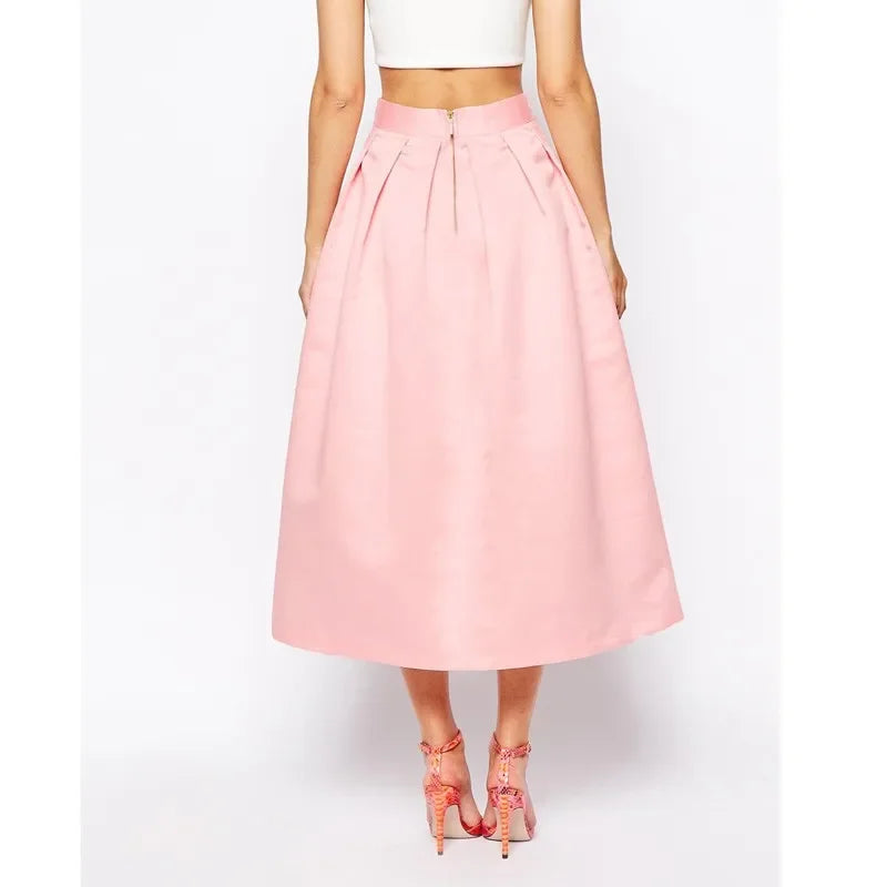 Graceful Pink Satin Skirts 2025 A Line Chic Invisible Zipper Waist Pleated Skirt High Quality Tea Length Lady Fashion Skirts