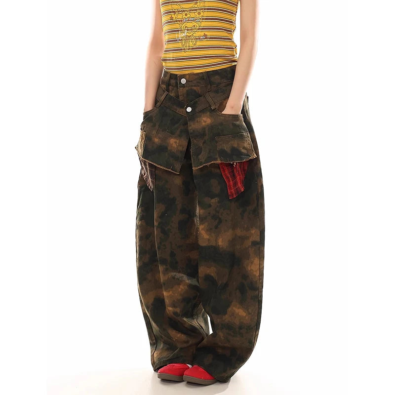 ZHIZOU Autumn Womens Jeans High Waist Baggy Casual Vintage Y2K Camouflage Straight Pants Street American Wide Leg Denim Trouser