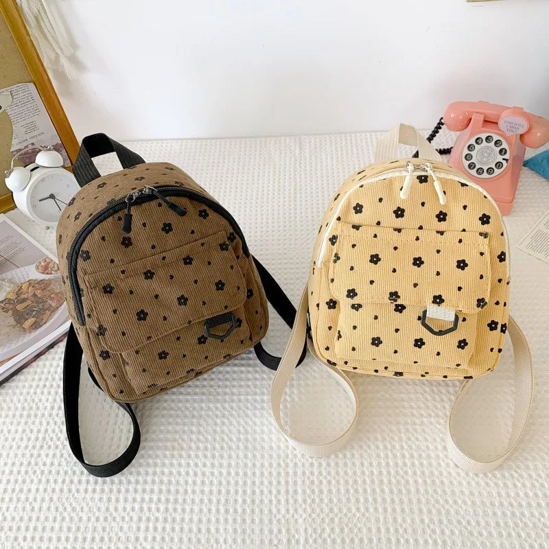 Cute Small Flowers Corduroy Mini Backpack Women's Lightweight Backpacks Large Capacity Travel Rucksack Student School Baskpack