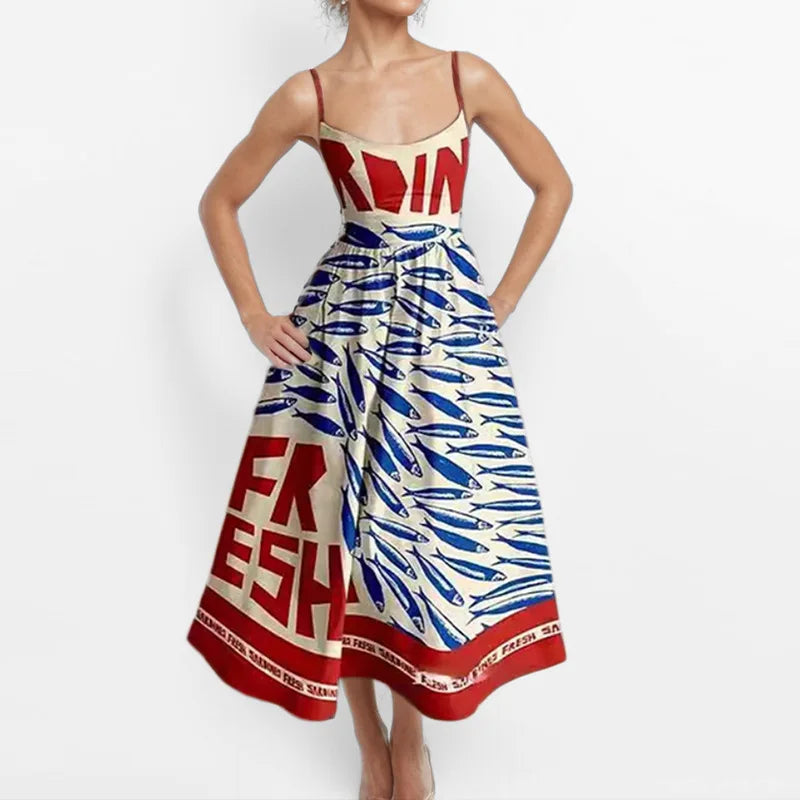 VEITCHE Fashion Women Print Suspenders Blue Ocean Fish Pattern Sexy Long dress New Spring Summer 2025 Temperament Maxi Dresses