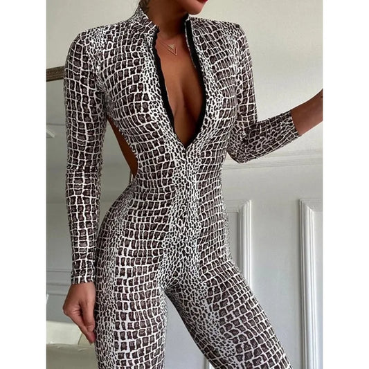 Krisnanas Women's Crocodile Print Stand Collar Zipper Backless Bodycon Jumpsuit Sexy Party Catsuit for Clubwear & Festival