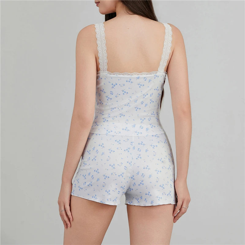 Women's Sleepwear Sexy Lace Trim Pajama Sets Nightwear Sleeveless Tops+Shorts 2Pcs Sets Pyjama Sets for Women Pijama Night Suit