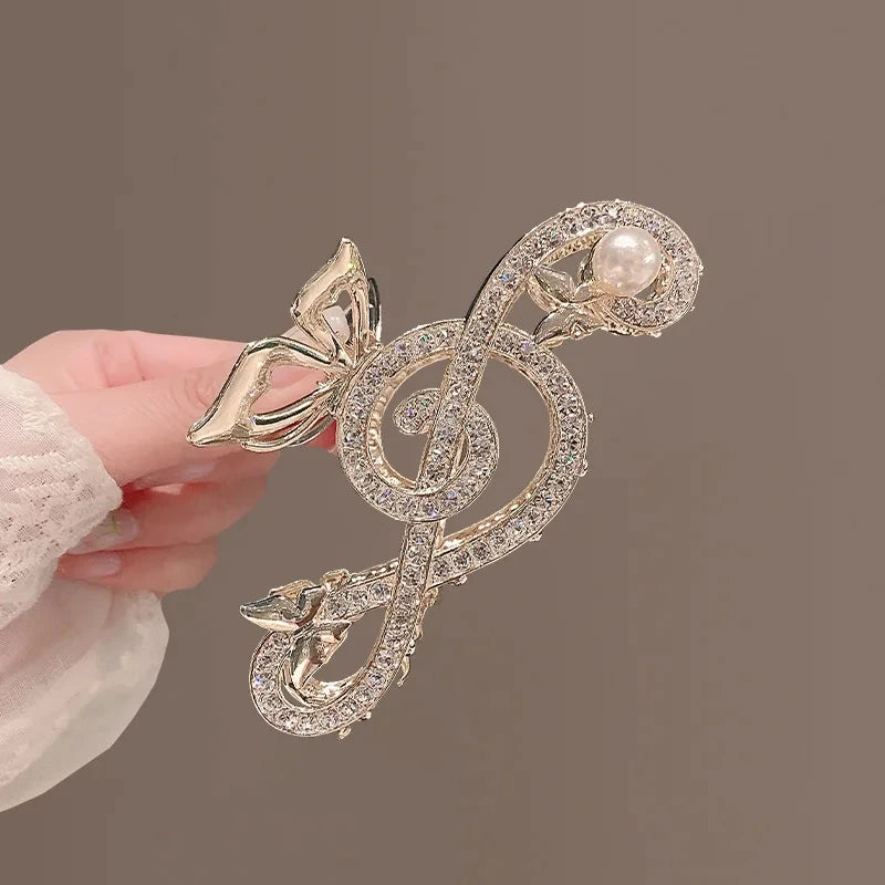 Vintage Elegant Rhinestone Pearl Note Hair Clip Luxury Clef Shape Shark Clip Women Metal Ponytail Hair Accessory Tiara New