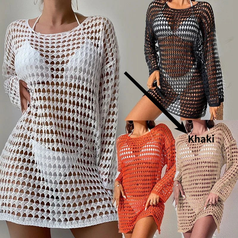 Summer Woman Knitted Long Style T-Shirts Solid Hollow Out Sunscreen Sexy Vacation Blouse Swimsuit Mesh Cover-up Beachwear Tops