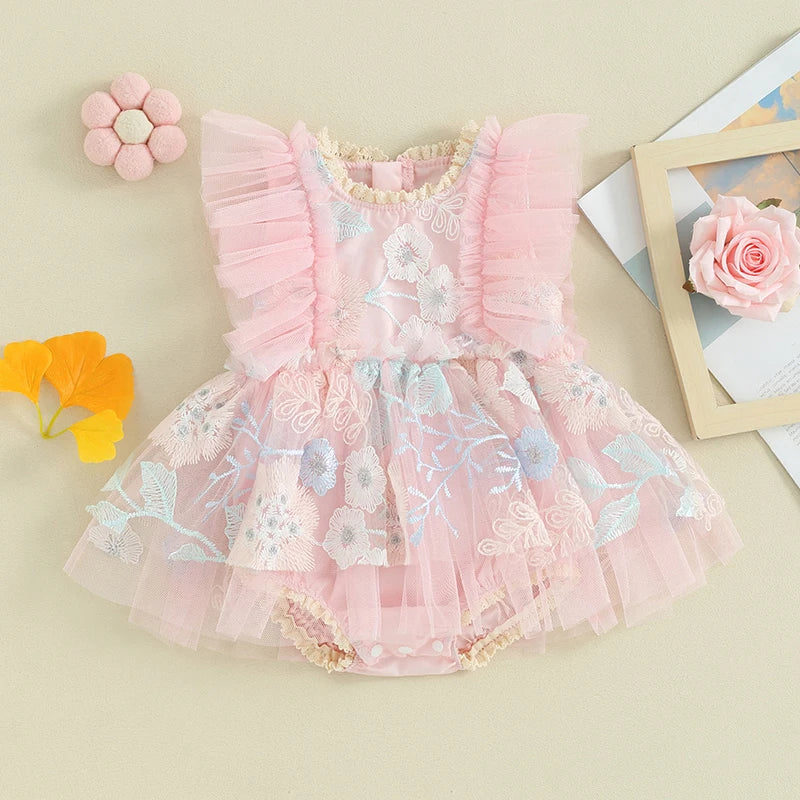 FOCUSNORM 0-24M Newborn Baby Girls Princess Romper Dress Fly Sleeve Flower Embroidery Mesh Tulle Patchwork Jumpsuits