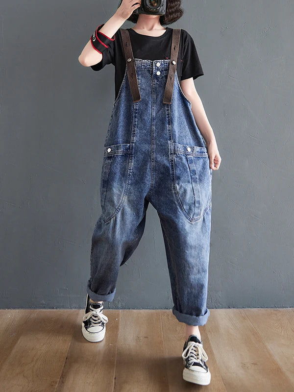 Anti-Aging High Waist Loose Women's Denim Overalls Korean Sle Summer Faion Thinming Harem Nine-Piece Pants