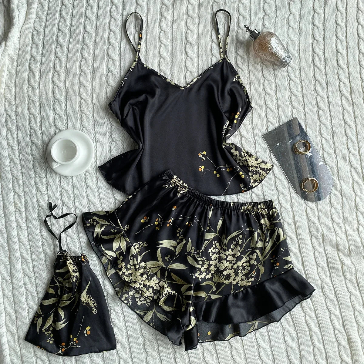 3 Pcs Summer Women Dress Silk Pajamas Fashion Print Suspenders and Shorts With Hanging Bag Home Wear Set Sexy