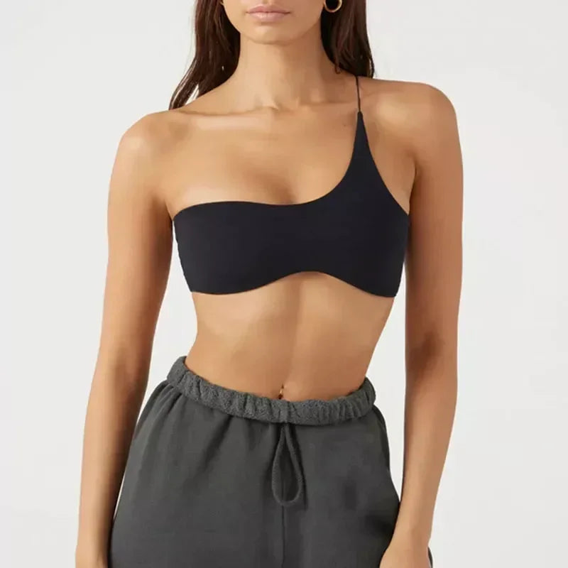 Stretchy Summer Corset Top Women Slim One-Shoulder Sleeveless Black Sexy Bodycon Club Crop Tops Jogger Tube Aesthetic Clothing