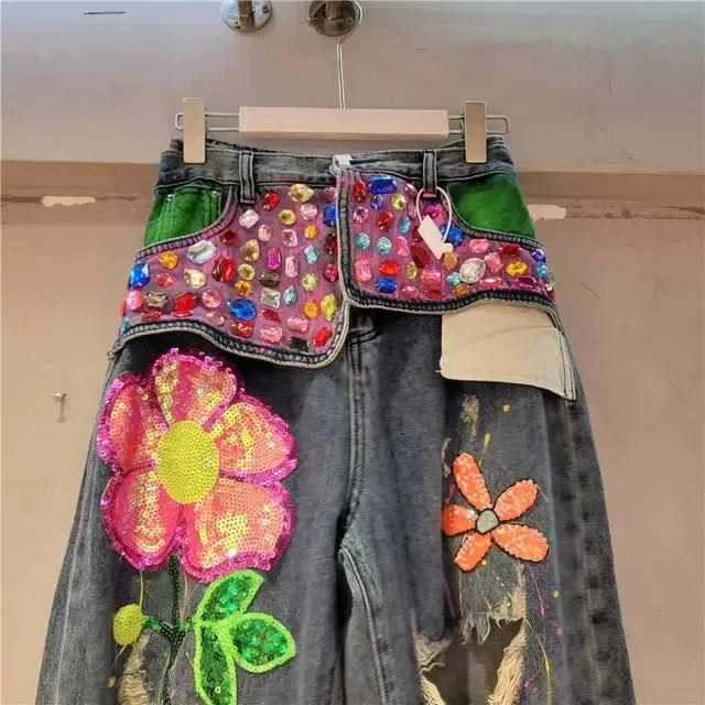 Fashion Women's Spring Embroidery Diamond Bead Hole Jeans High Waist Loose Crystal Stone Jeans Denim Ripped Pants