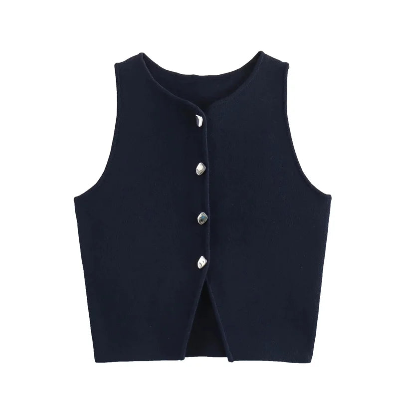 MUJER Cropped Knit Vest Women Cardigan White Sleeveless Vest Woman Fashion Button Knitted Sweater Vest Female Summer Short Tops