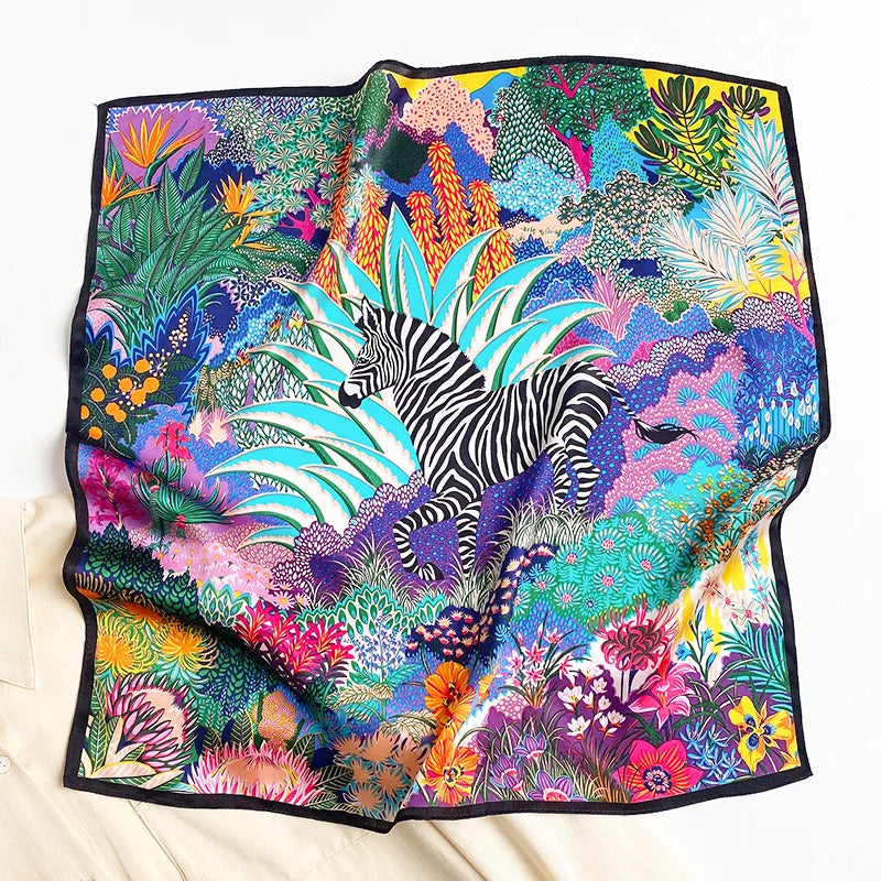 New 100% Real Silk Scarf For Woman Vintage Leopard Head Hair Scarfs Small Square Bandana Femme Office Neckerchief SD0201