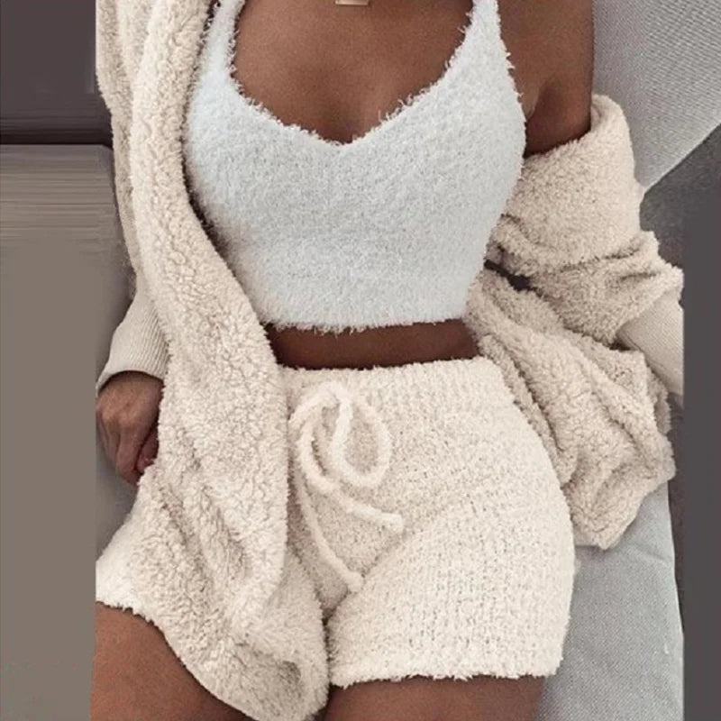 Plush Home Fluffy Pajamas Suit Women's Casual Pajamas Vest Shorts Plus Size Hoodie Casual Jumpsuit Winter Three-piece Pajamas