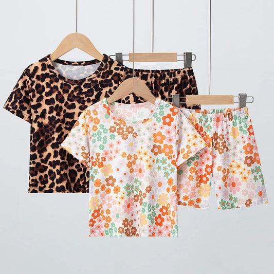 Summer CHILDREN'S Shorts and Short Sleeves 2-piece Suit Handsome Leopard Cute Floral Girl Joker Casual Suit.