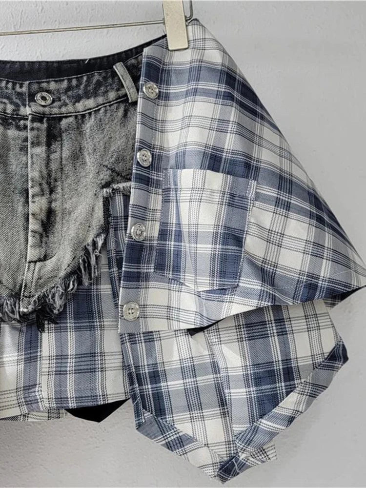 DEAT Fashion Women's Plaid Skirt Denim Spliced Tassel Irregular Hem A-line Patchwork Slim Skirts Summer 2024 New Tide 29L7797