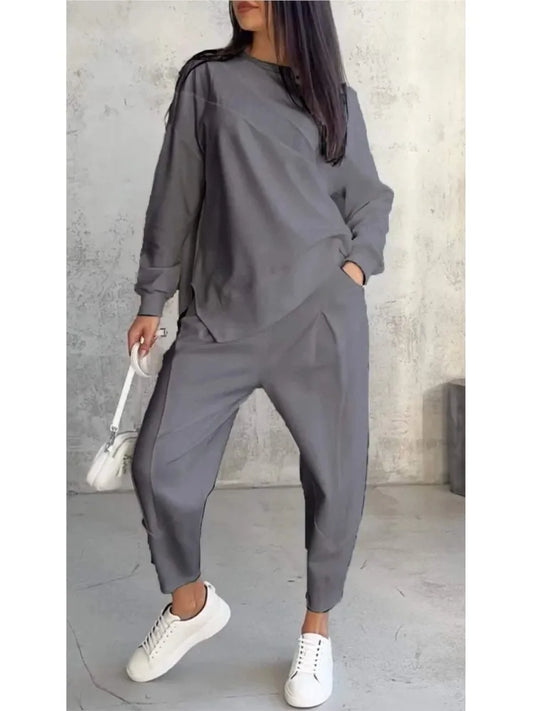 Women Casual Solid Set Fashion O Neck Long Sleeve Loose Top And Long Pants Two Piece Sets Lady Spring And Autumn Sports Sets