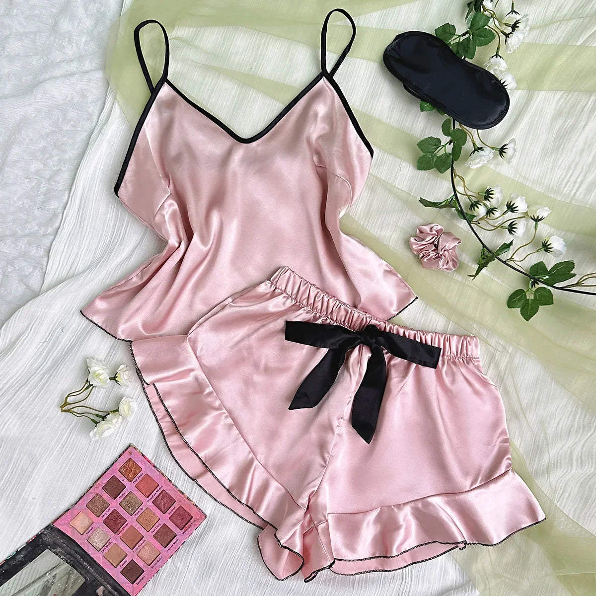 3 Pcs Summer Women Dress Silk Pajamas Fashion Print Suspenders and Shorts With Hanging Bag Home Wear Set Sexy