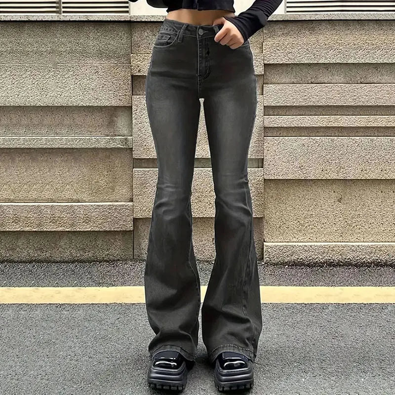 Lucyever Women's Denim Flare Pants Vintage Americana Streetwear Slim Y2K Punk Jeans Women Classic High Waist Wide Leg Trousers