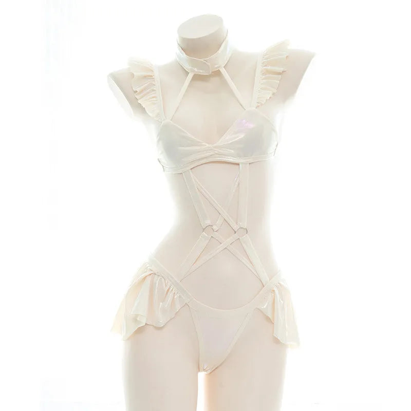 Anime Laser Hollow Out Lace One-piece Swimsuit Sweet Girl Underwear Sexy Nightwear Bikini Set Backless Outfits Costume Cosplay