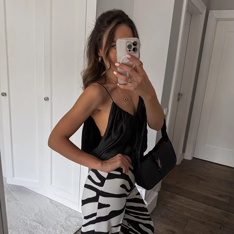 Women's Slip Tops Fashion Satin Pleated V-Neck Sleeveless Top Summer Sexy Female Chic Tops