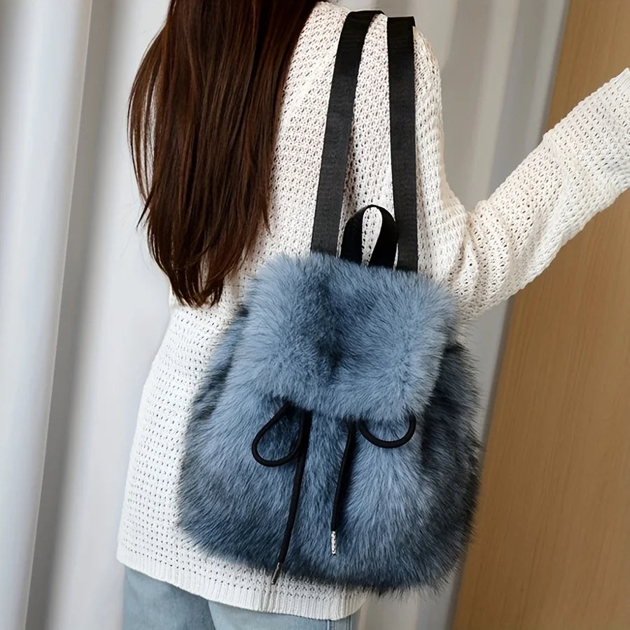 Women's Plush Faux Fur Backpack with Adjustable Drawstring Closure Daypack for Casual Formal Use Mini Backpack Soft Texture Bag