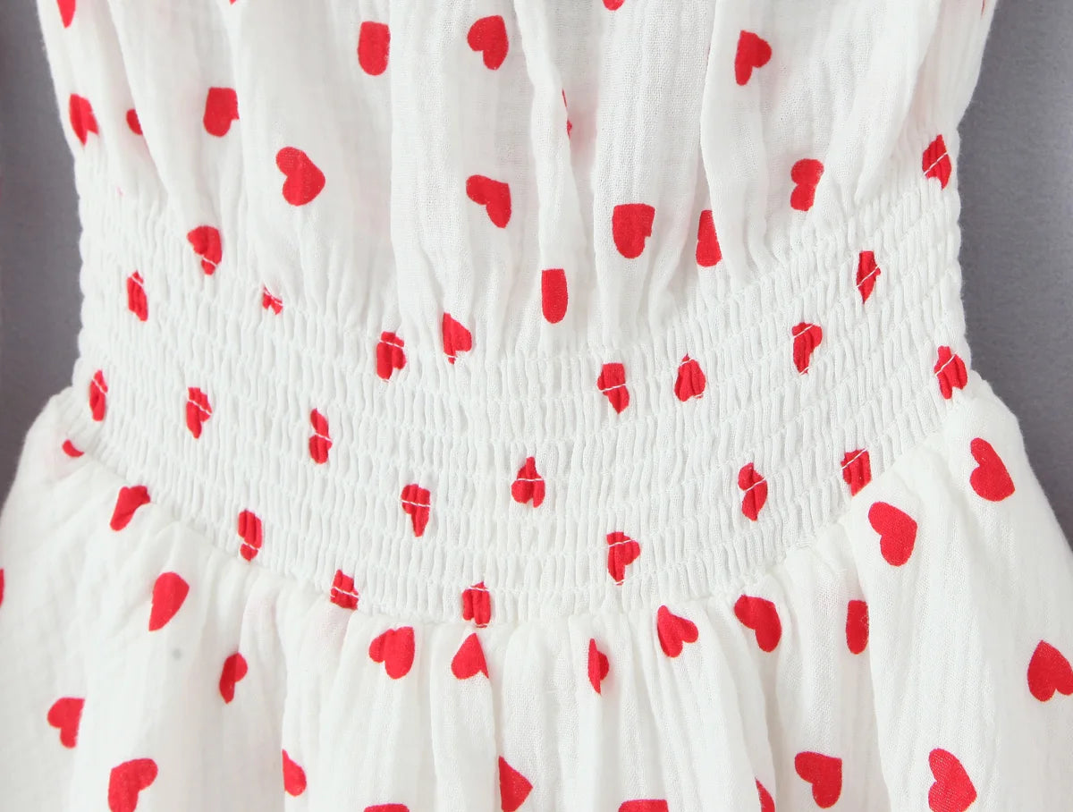 Sexy White Red Heart Print Wood Ears Slash Shoulder Full Puff Sleeve Mini Dress Women Slim Elastic Waist Swing A-line Short Robe