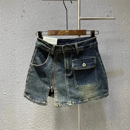 MEXZT Y2K 2000S Cargo Denim Mini Skirt Women Vintage Sexy Slit Hip Wrap Jeans Skirts Summer Korean High Waist Slim A Line Skirt